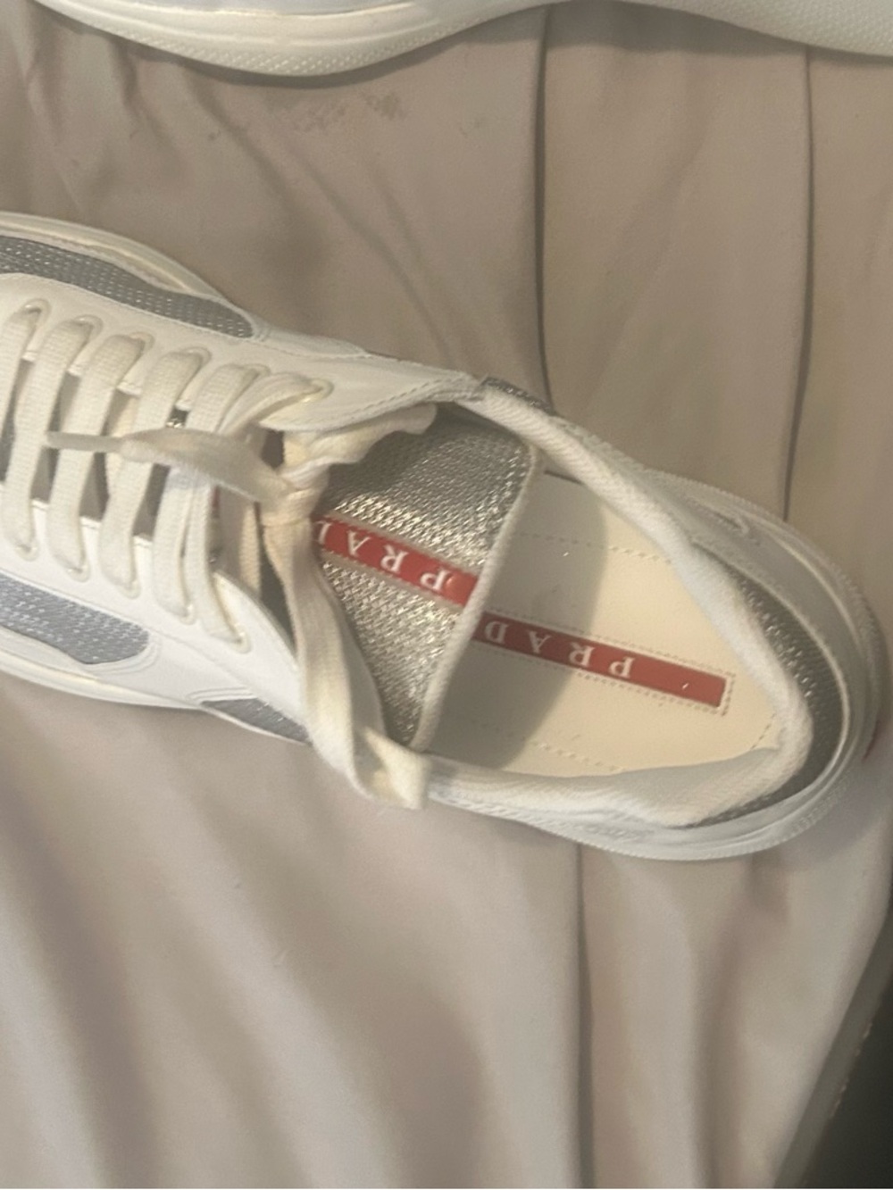 Prada White Slip-On Sneaker with Silver Mesh and Red Logo - Picture 6 of 14